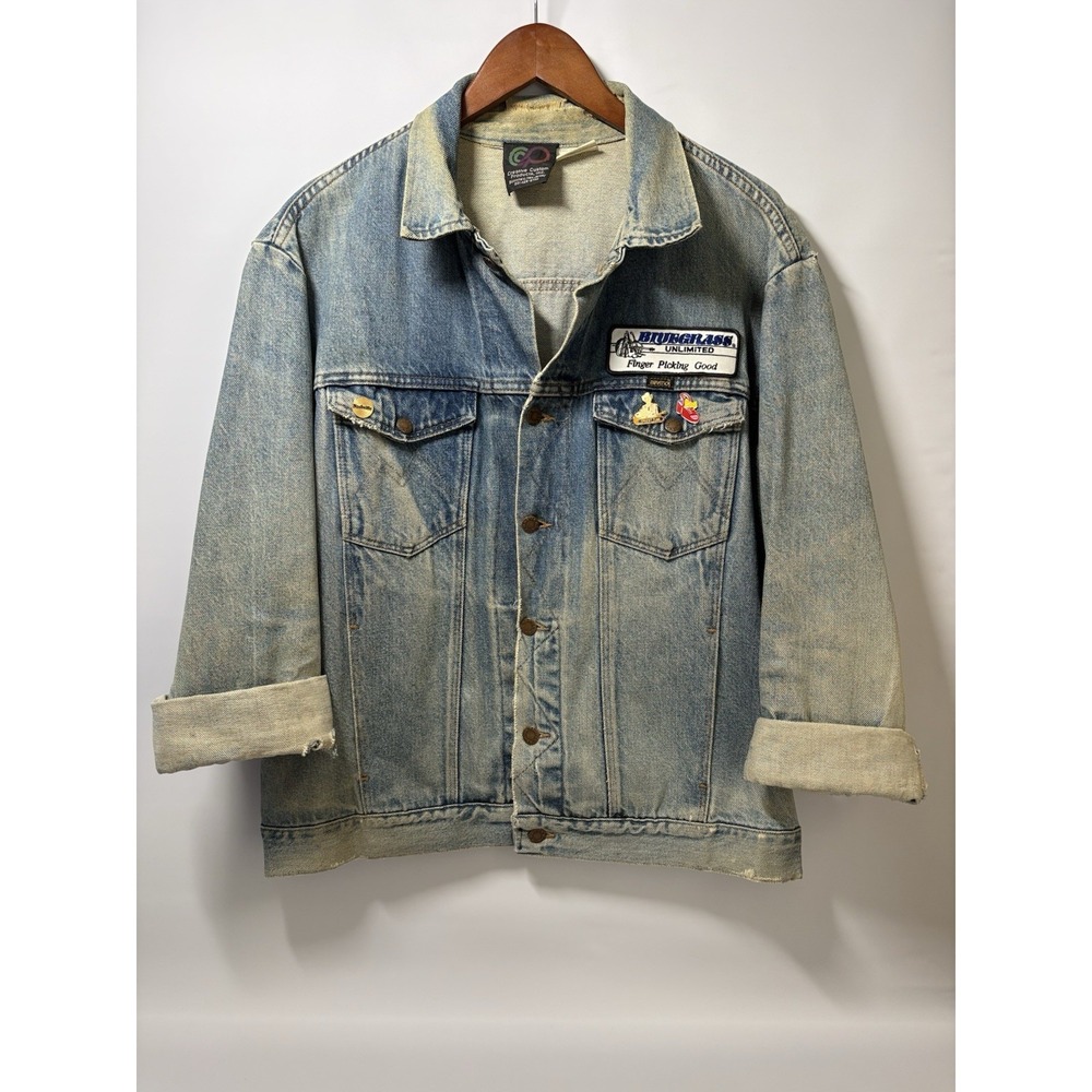 1970s Maverick Jean Jacket Trucker Distress Metallica Patches Pins Men’s XL